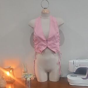 Pink Lace-Up Halter Vest Top Pretty Little Thing Sz 10